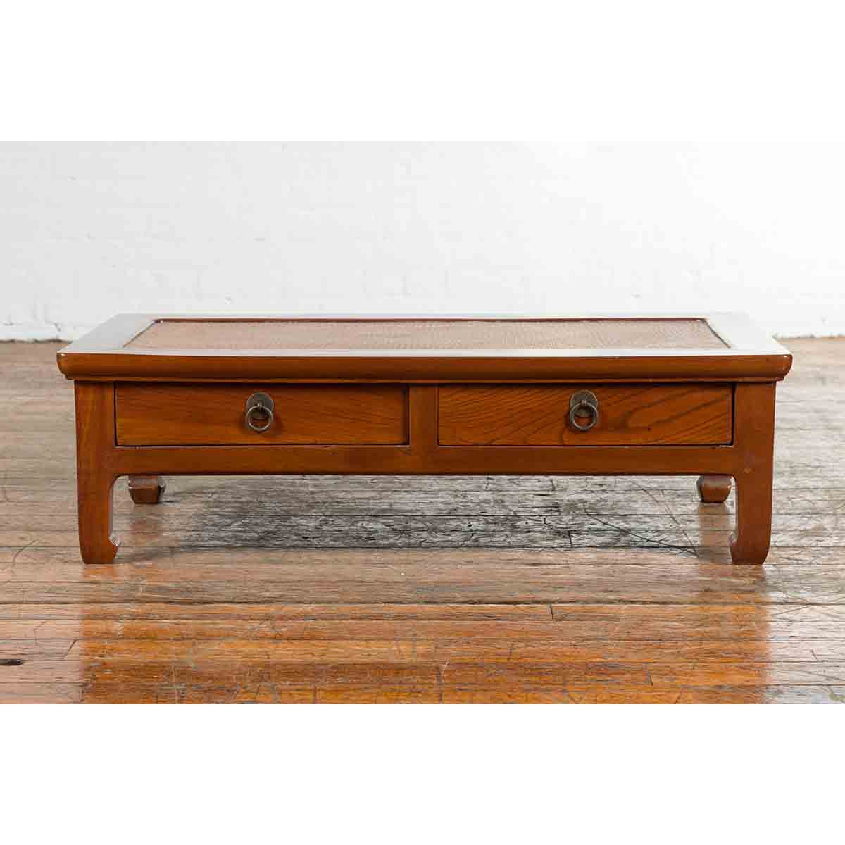 Chinese Vintage Low Elmwood Table with Rattan Inset Top and Two Drawers-2. Asian & Chinese Furniture, Art, Antiques, Vintage Home Décor for sale at FEA Home