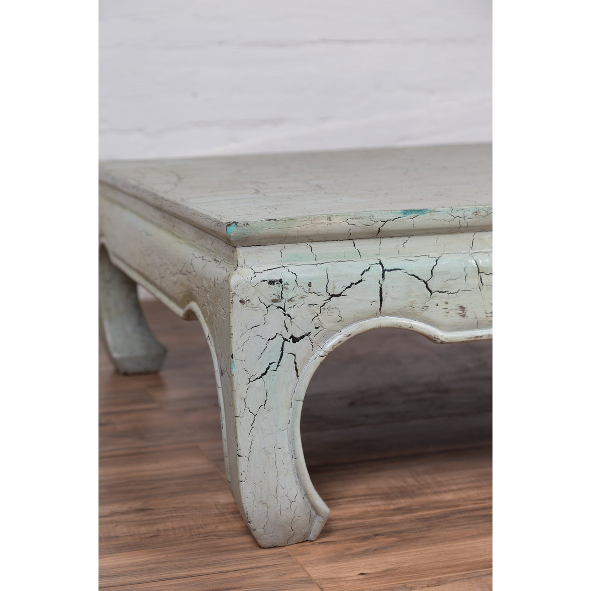 Vintage Thai Teak Coffee Table with Mint Green Distressed Finish and Chow Legs-11. Asian &amp; Chinese Furniture, Art, Antiques, Vintage Home Décor for sale at FEA Home
