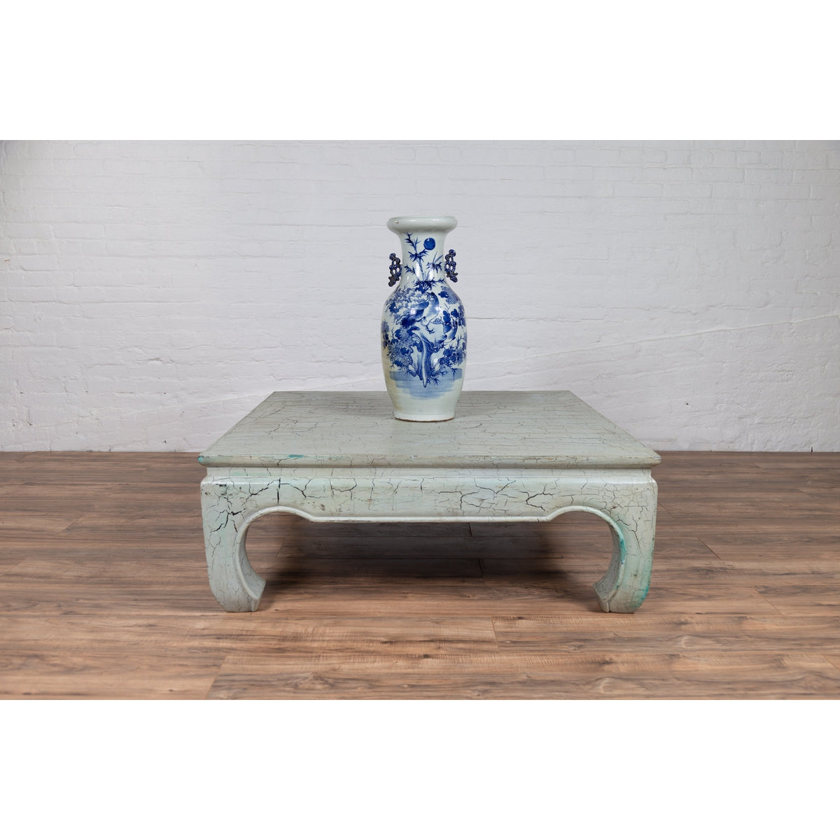 Vintage Thai Teak Coffee Table with Mint Green Distressed Finish and Chow Legs-3. Asian &amp; Chinese Furniture, Art, Antiques, Vintage Home Décor for sale at FEA Home