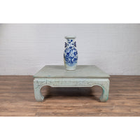 Vintage Thai Teak Coffee Table with Mint Green Distressed Finish and Chow Legs