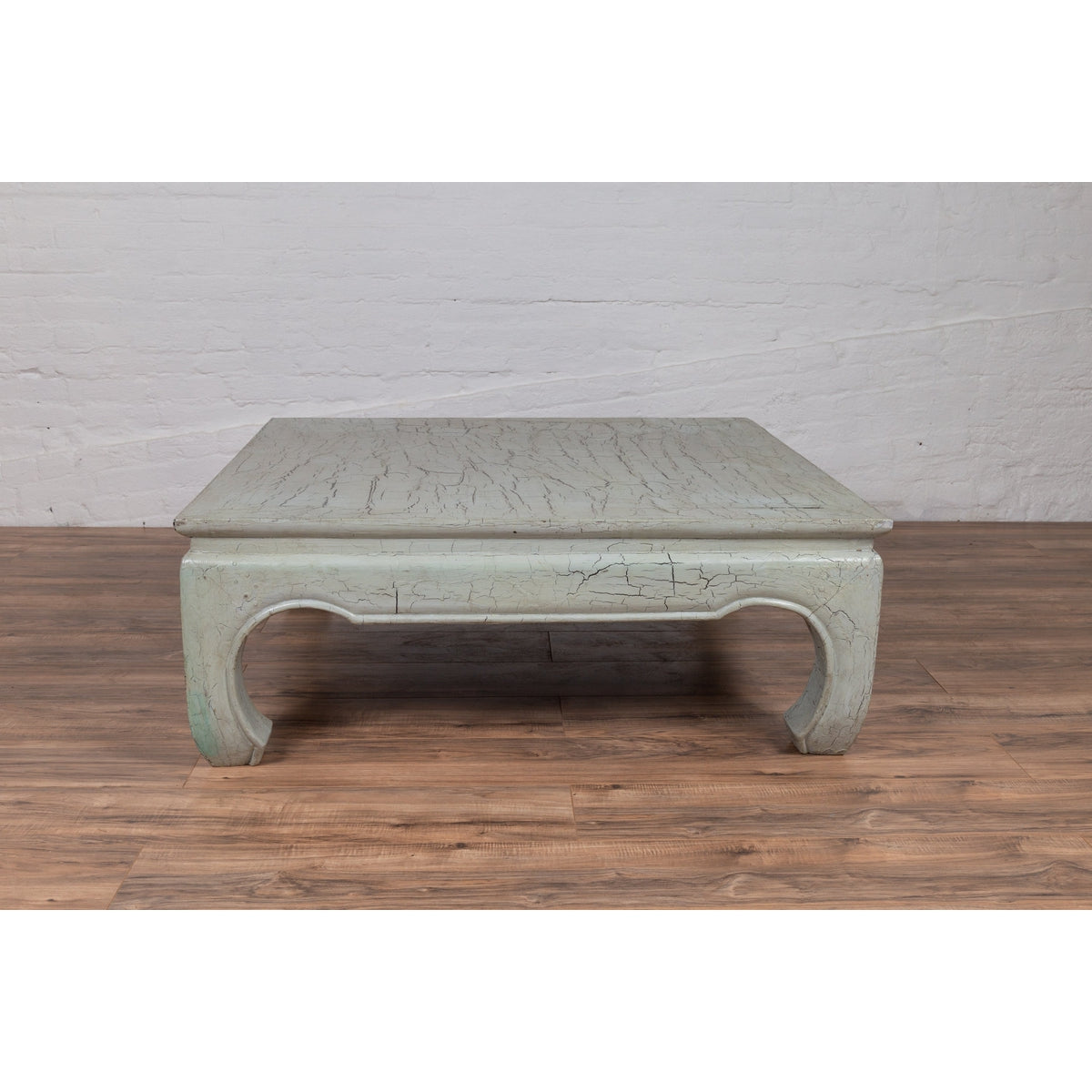 Vintage Thai Teak Coffee Table with Mint Green Distressed Finish and Chow Legs-6. Asian &amp; Chinese Furniture, Art, Antiques, Vintage Home Décor for sale at FEA Home