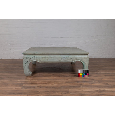 Vintage Thai Teak Coffee Table with Mint Green Distressed Finish and Chow Legs-YN6086-4. Asian & Chinese Furniture, Art, Antiques, Vintage Home Décor for sale at FEA Home