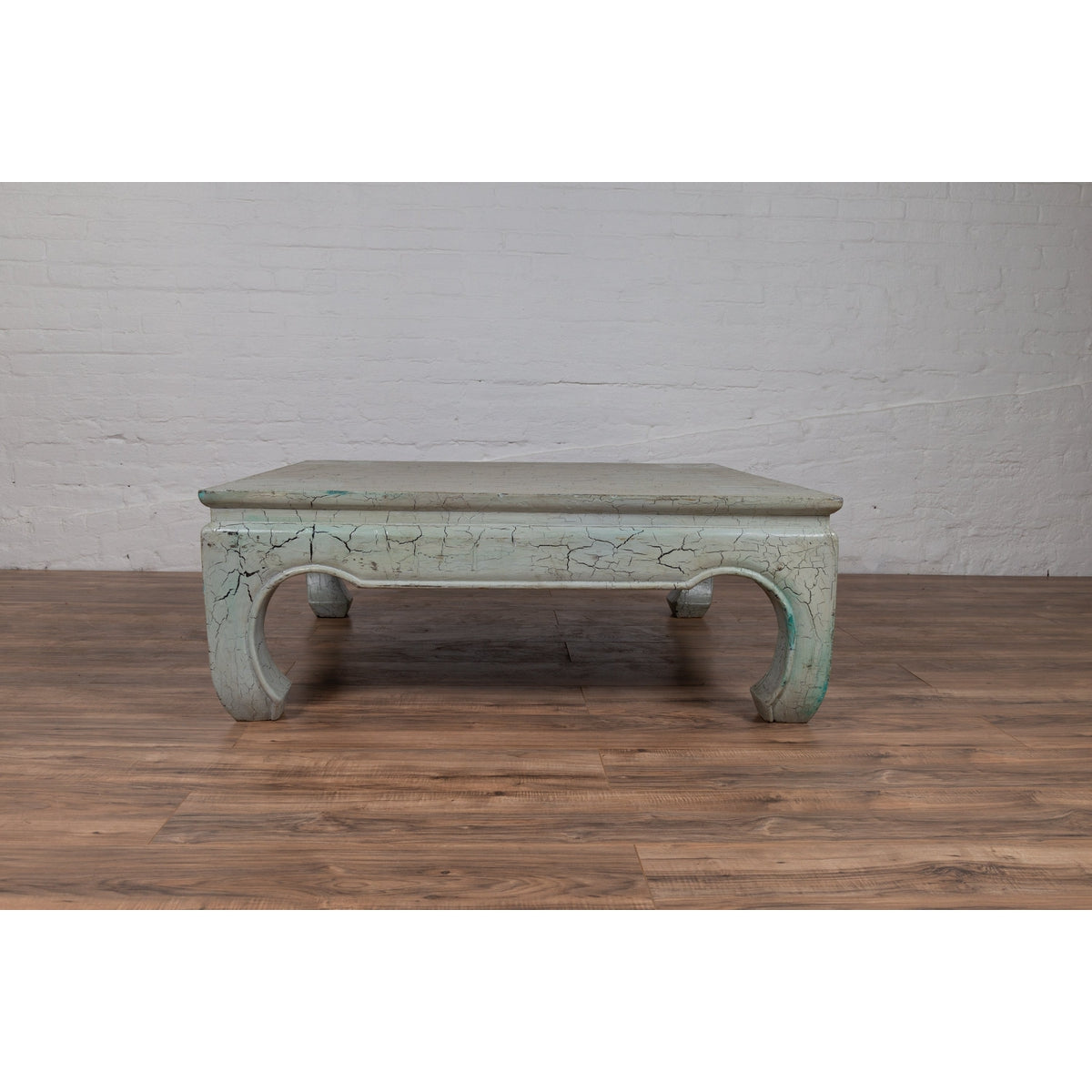 Vintage Thai Teak Coffee Table with Mint Green Distressed Finish and Chow Legs-9. Asian &amp; Chinese Furniture, Art, Antiques, Vintage Home Décor for sale at FEA Home