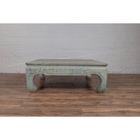 Vintage Thai Teak Coffee Table with Mint Green Distressed Finish and Chow Legs