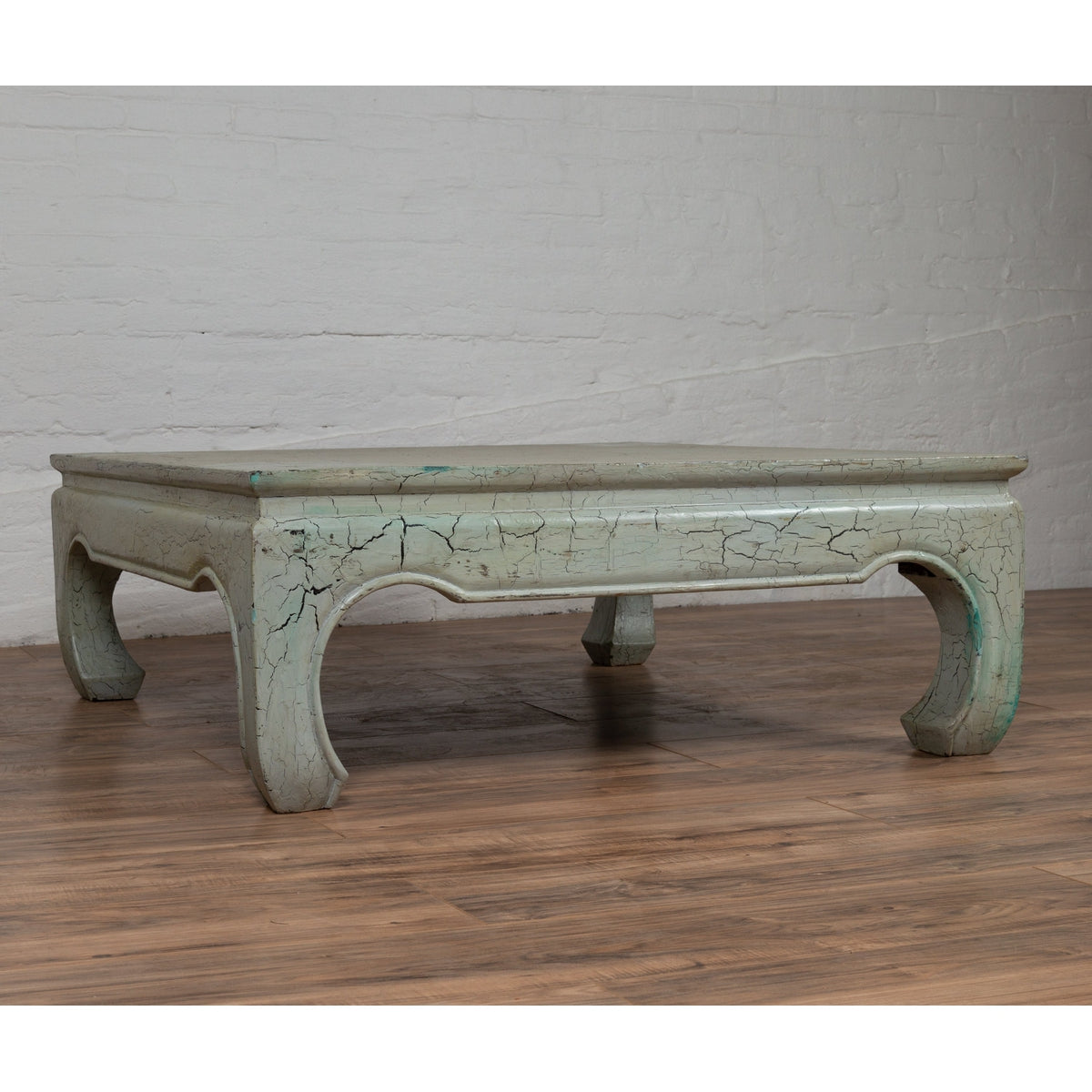 Vintage Thai Teak Coffee Table with Mint Green Distressed Finish and Chow Legs-2. Asian & Chinese Furniture, Art, Antiques, Vintage Home Décor for sale at FEA Home