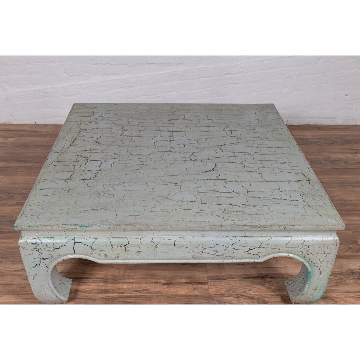 Vintage Thai Teak Coffee Table with Mint Green Distressed Finish and Chow Legs-7. Asian &amp; Chinese Furniture, Art, Antiques, Vintage Home Décor for sale at FEA Home