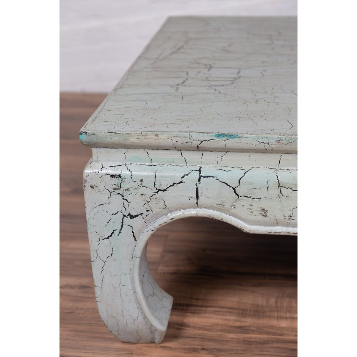 Vintage Thai Teak Coffee Table with Mint Green Distressed Finish and Chow Legs-10. Asian &amp; Chinese Furniture, Art, Antiques, Vintage Home Décor for sale at FEA Home