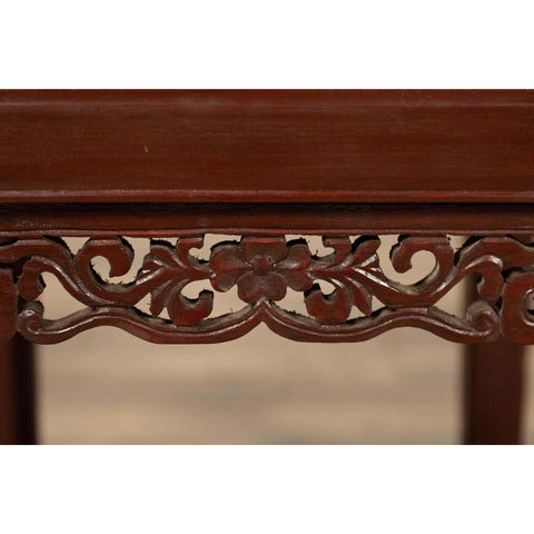 Vintage Chinese Side Table with Dark Red Patina and Foliage Hand Carved Apron-YN6145-9. Asian & Chinese Furniture, Art, Antiques, Vintage Home Décor for sale at FEA Home
