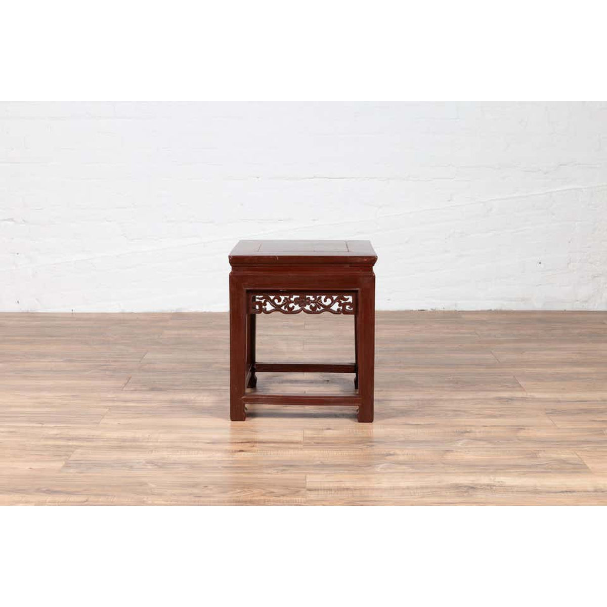 Vintage Chinese Side Table with Dark Red Patina and Foliage Hand Carved Apron-6. Asian &amp; Chinese Furniture, Art, Antiques, Vintage Home Décor for sale at FEA Home