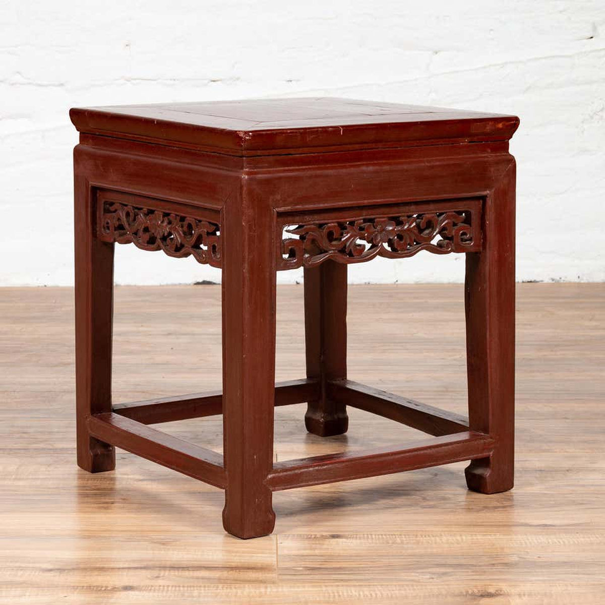 Vintage Chinese Side Table with Dark Red Patina and Foliage Hand Carved Apron-2. Asian & Chinese Furniture, Art, Antiques, Vintage Home Décor for sale at FEA Home
