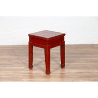Chinese Early 20th Century Red Lacquer Stool with Drawer and Horse-Hoof Legs