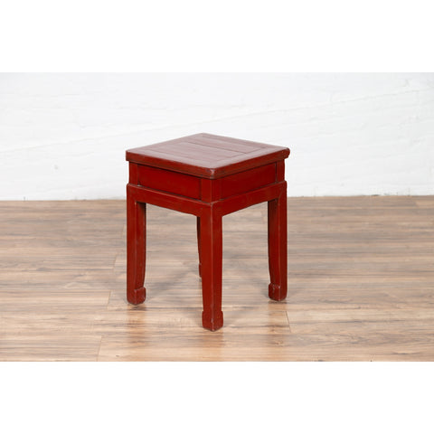 Chinese Early 20th Century Red Lacquer Stool with Drawer and Horse-Hoof Legs-YN6185-11. Asian & Chinese Furniture, Art, Antiques, Vintage Home Décor for sale at FEA Home