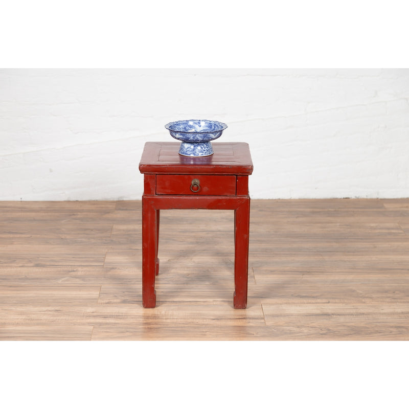 Chinese Early 20th Century Red Lacquer Stool with Drawer and Horse-Hoof Legs-YN6185-3. Asian & Chinese Furniture, Art, Antiques, Vintage Home Décor for sale at FEA Home