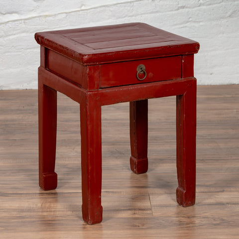 Chinese Early 20th Century Red Lacquer Stool with Drawer and Horse-Hoof Legs-YN6185-2. Asian & Chinese Furniture, Art, Antiques, Vintage Home Décor for sale at FEA Home
