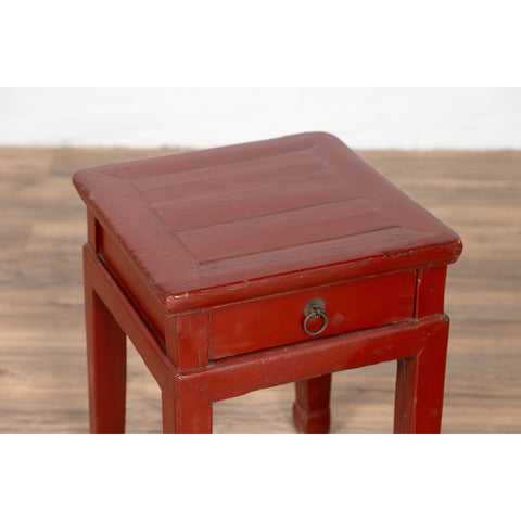 Chinese Early 20th Century Red Lacquer Stool with Drawer and Horse-Hoof Legs-YN6185-6. Asian & Chinese Furniture, Art, Antiques, Vintage Home Décor for sale at FEA Home