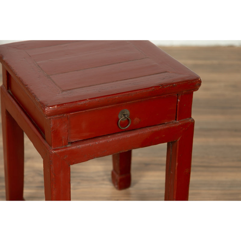 Chinese Early 20th Century Red Lacquer Stool with Drawer and Horse-Hoof Legs-YN6185-7. Asian & Chinese Furniture, Art, Antiques, Vintage Home Décor for sale at FEA Home