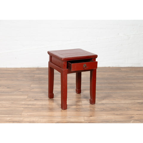 Chinese Early 20th Century Red Lacquer Stool with Drawer and Horse-Hoof Legs-YN6185-5. Asian & Chinese Furniture, Art, Antiques, Vintage Home Décor for sale at FEA Home