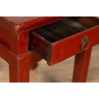 Chinese Early 20th Century Red Lacquer Stool with Drawer and Horse-Hoof Legs