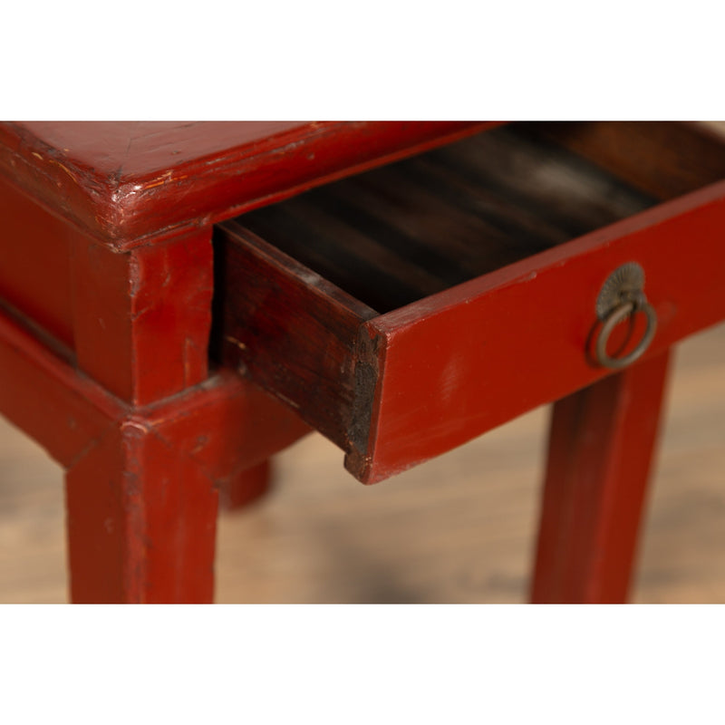 Chinese Early 20th Century Red Lacquer Stool with Drawer and Horse-Hoof Legs-YN6185-8. Asian & Chinese Furniture, Art, Antiques, Vintage Home Décor for sale at FEA Home