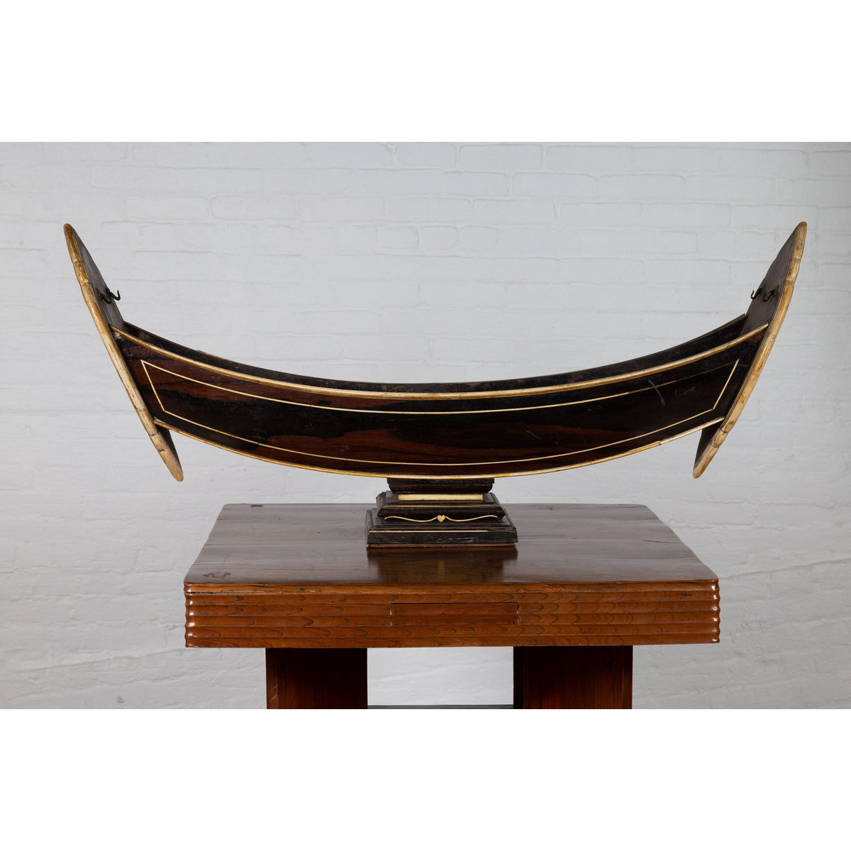 Antique Indonesian Handmade Boat Model on Pedestal with Bone Inlay over Wood-2. Asian & Chinese Furniture, Art, Antiques, Vintage Home Décor for sale at FEA Home