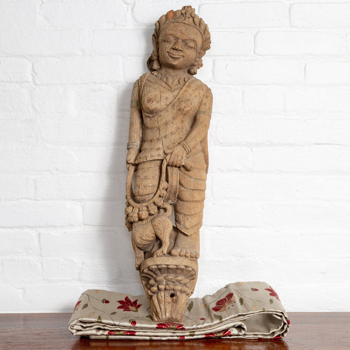 Indian Gujarat Hand Carved Temple Carving Statue Depicting a Woman and a Feline-2. Asian & Chinese Furniture, Art, Antiques, Vintage Home Décor for sale at FEA Home