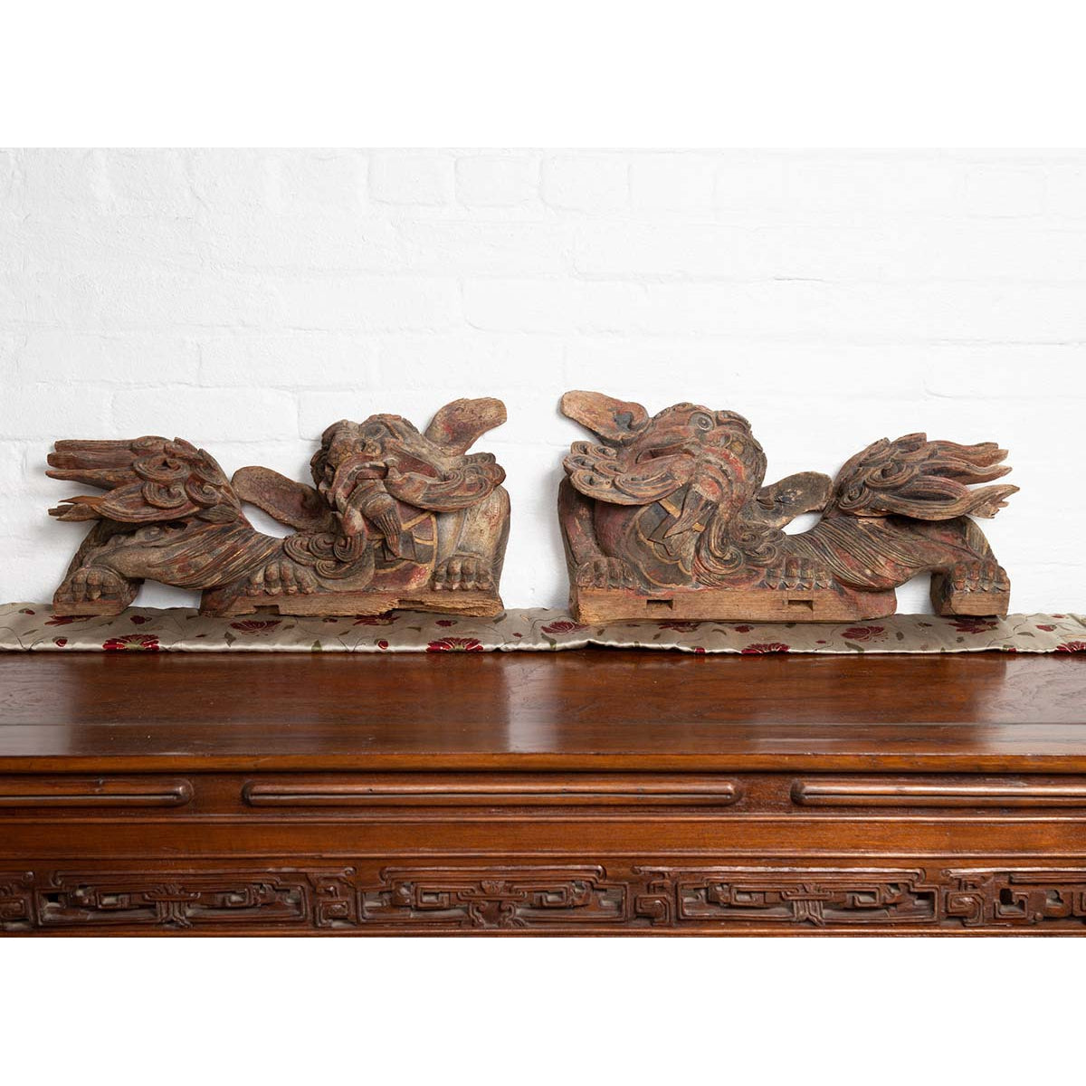 Pair of Chinese 19th Century Hand Carved and Painted Temple Guardian Lions-2. Asian & Chinese Furniture, Art, Antiques, Vintage Home Décor for sale at FEA Home