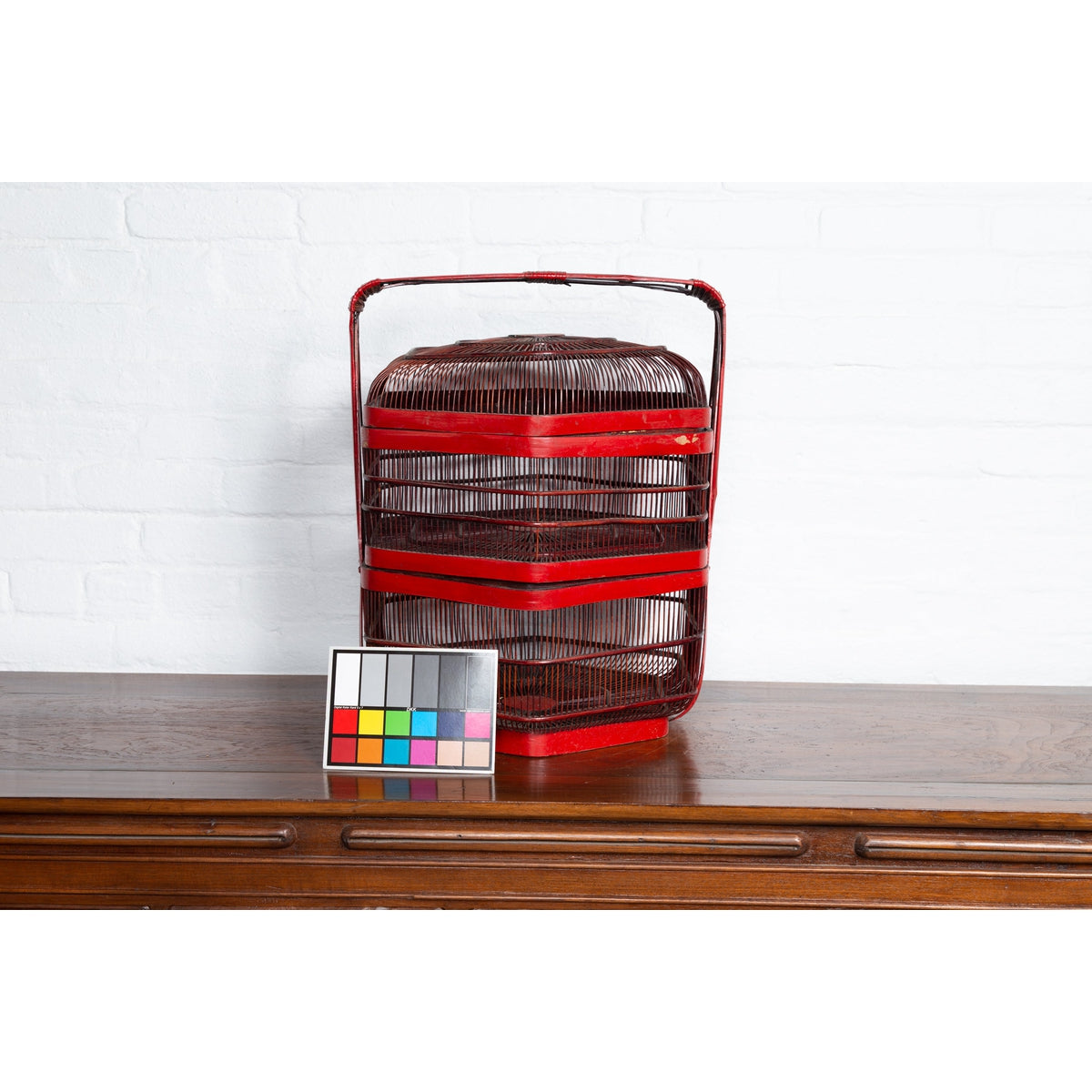 Vintage Chinese Red Lacquered Bird Cage with Handle and Hexagonal Base-3. Asian &amp; Chinese Furniture, Art, Antiques, Vintage Home Décor for sale at FEA Home