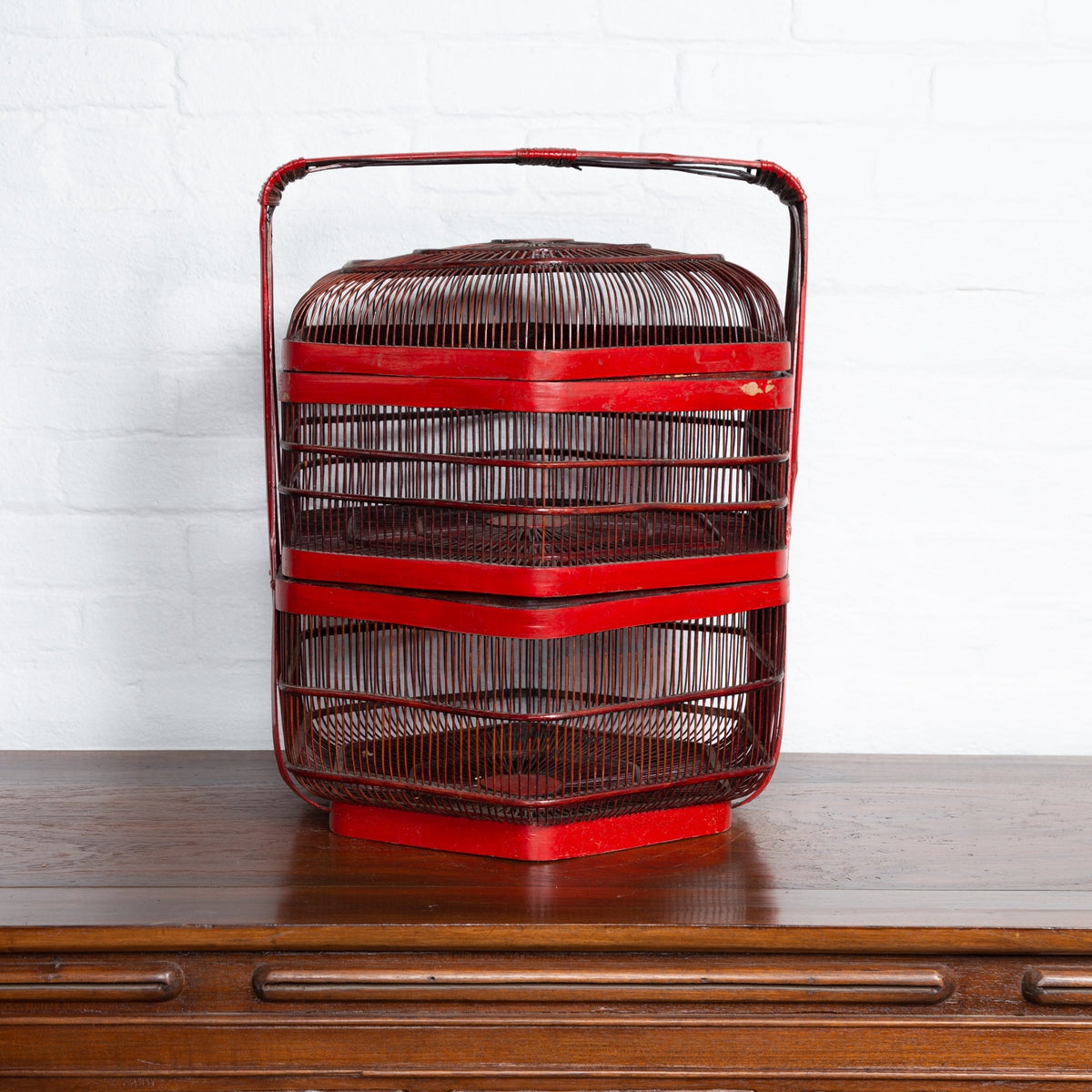Vintage Chinese Red Lacquered Bird Cage with Handle and Hexagonal Base-2. Asian & Chinese Furniture, Art, Antiques, Vintage Home Décor for sale at FEA Home