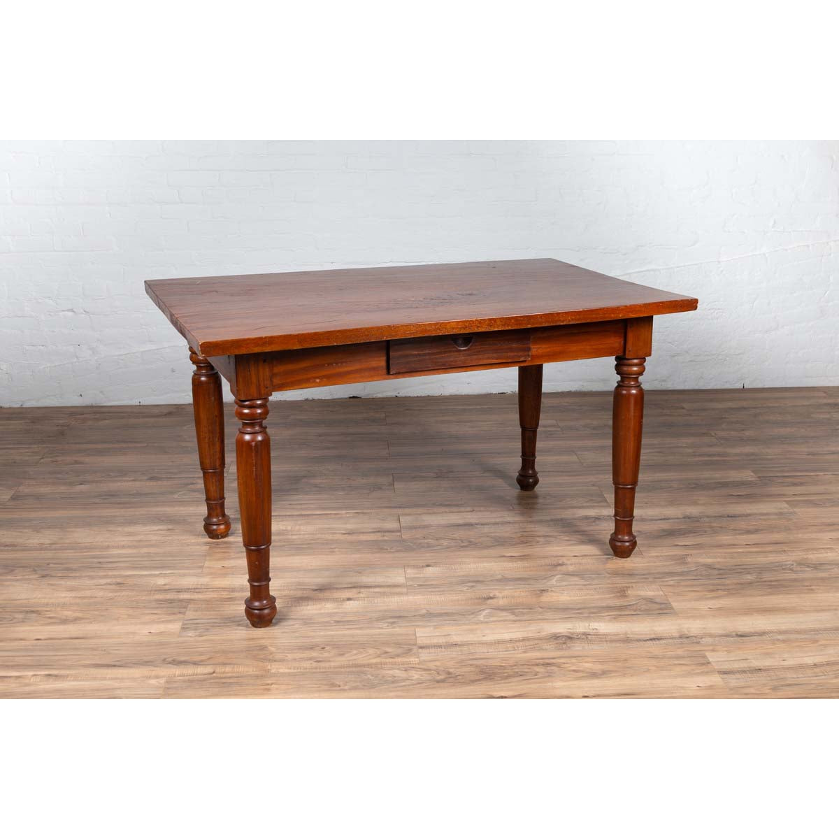 Antique Dutch Colonial Javanese Teak Desk with Single Drawer and Turned Legs-5. Asian &amp; Chinese Furniture, Art, Antiques, Vintage Home Décor for sale at FEA Home