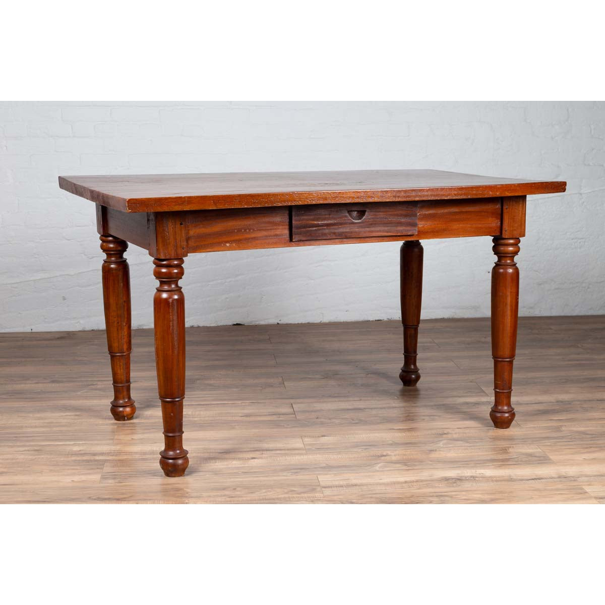 Antique Dutch Colonial Javanese Teak Desk with Single Drawer and Turned Legs-16. Asian &amp; Chinese Furniture, Art, Antiques, Vintage Home Décor for sale at FEA Home
