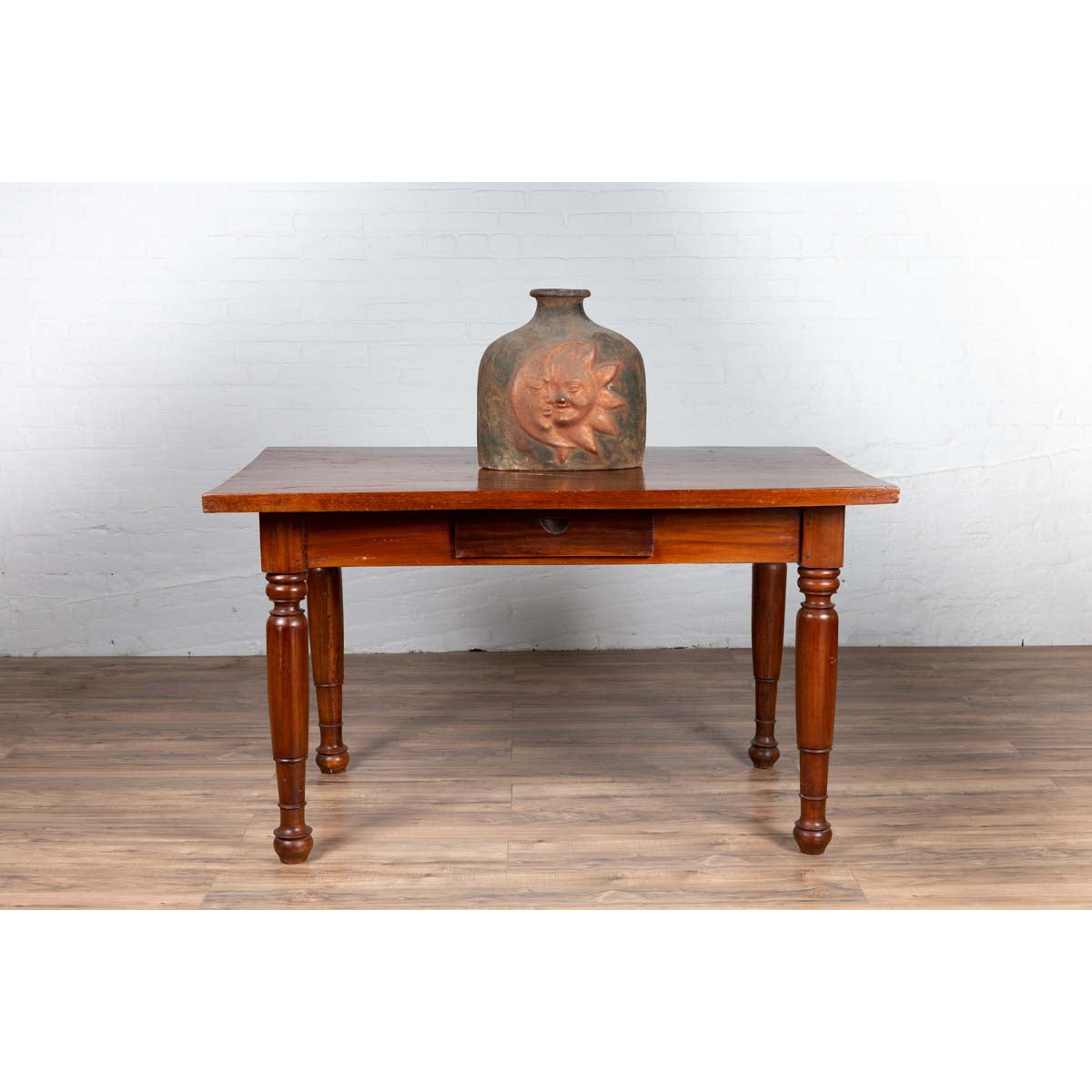 Antique Dutch Colonial Javanese Teak Desk with Single Drawer and Turned Legs-3. Asian &amp; Chinese Furniture, Art, Antiques, Vintage Home Décor for sale at FEA Home