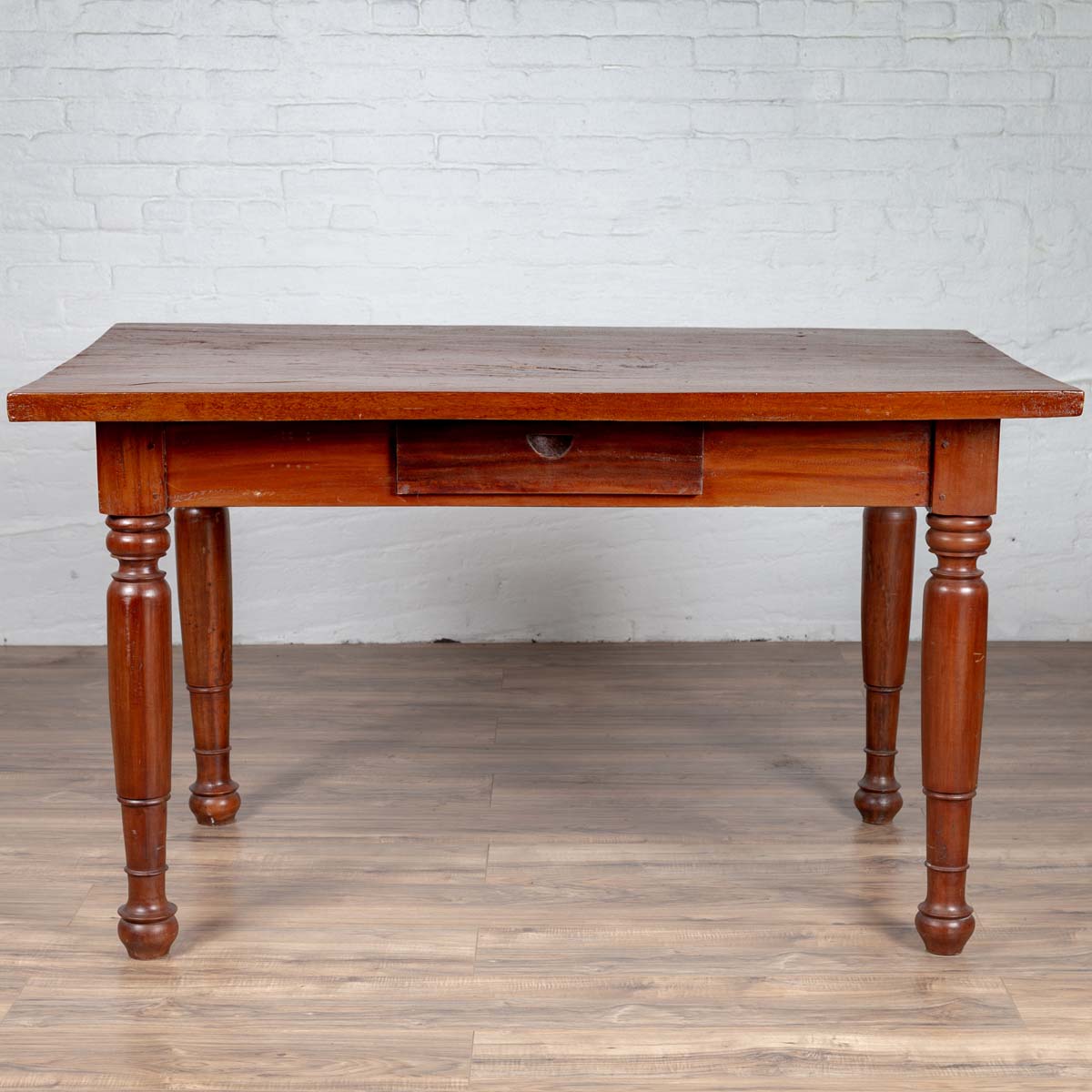 Antique Dutch Colonial Javanese Teak Desk with Single Drawer and Turned Legs-2. Asian & Chinese Furniture, Art, Antiques, Vintage Home Décor for sale at FEA Home