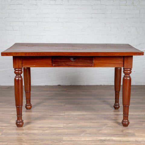 Antique Dutch Colonial Javanese Teak Desk with Single Drawer and Turned Legs-YN6261-2. Asian & Chinese Furniture, Art, Antiques, Vintage Home Décor for sale at FEA Home
