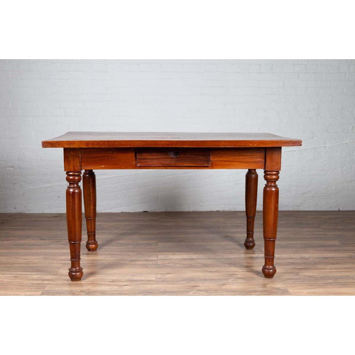 Antique Dutch Colonial Javanese Teak Desk with Single Drawer and Turned Legs-12. Asian &amp; Chinese Furniture, Art, Antiques, Vintage Home Décor for sale at FEA Home