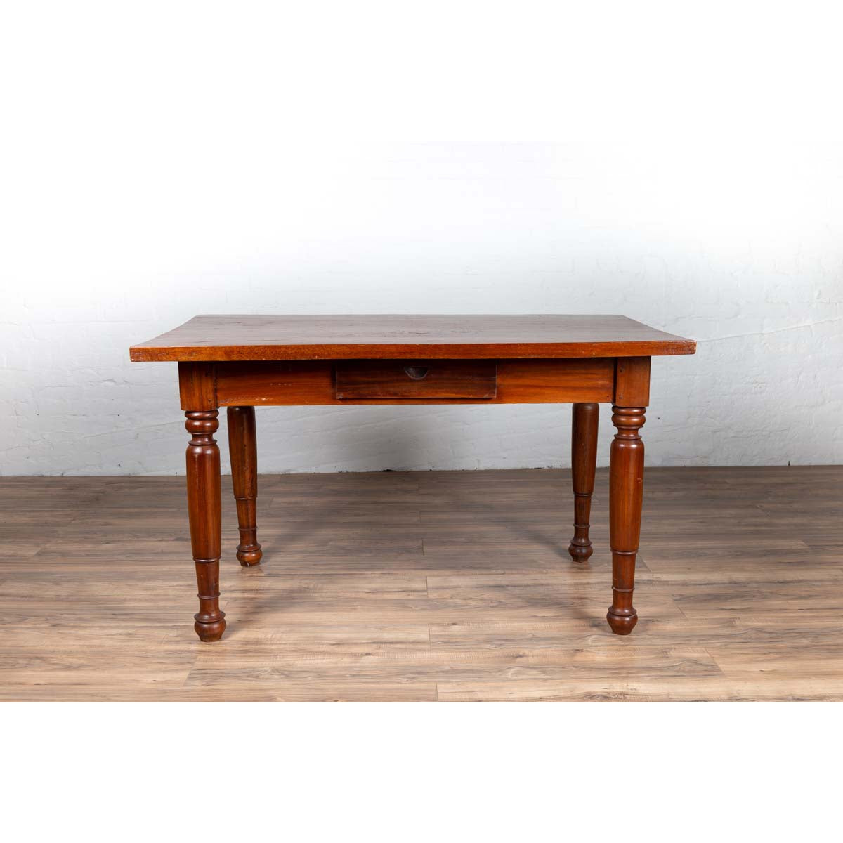 Antique Dutch Colonial Javanese Teak Desk with Single Drawer and Turned Legs-15. Asian &amp; Chinese Furniture, Art, Antiques, Vintage Home Décor for sale at FEA Home
