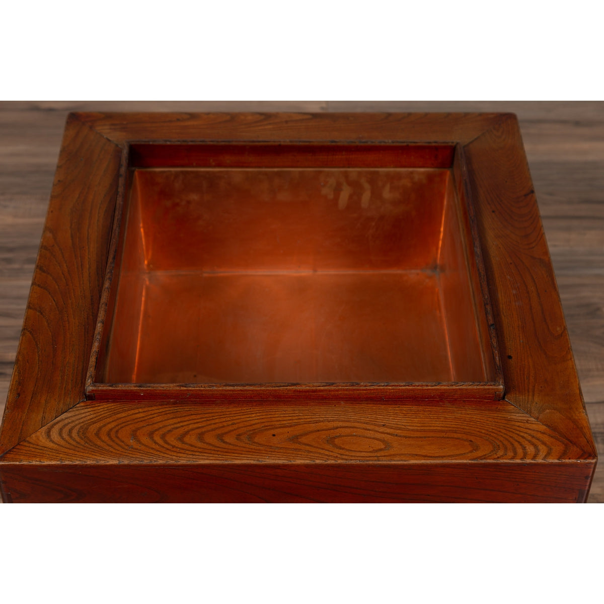 Japanese 19th Century Keyaki Wood Rectangular Hibachi with Copper Liner-9. Asian &amp; Chinese Furniture, Art, Antiques, Vintage Home Décor for sale at FEA Home