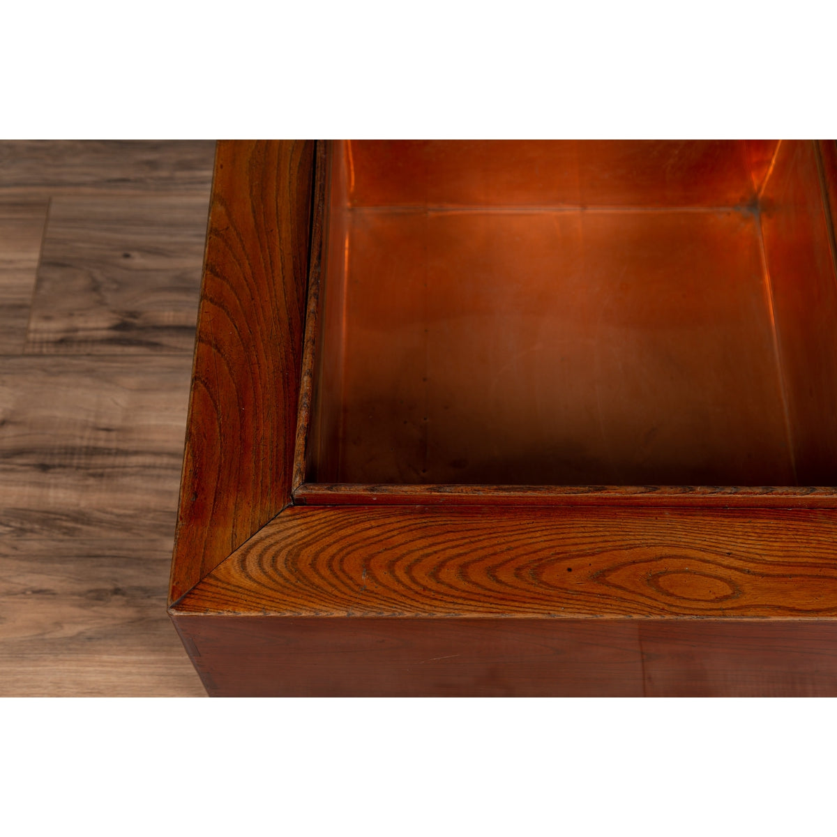 Japanese 19th Century Keyaki Wood Rectangular Hibachi with Copper Liner-10. Asian &amp; Chinese Furniture, Art, Antiques, Vintage Home Décor for sale at FEA Home