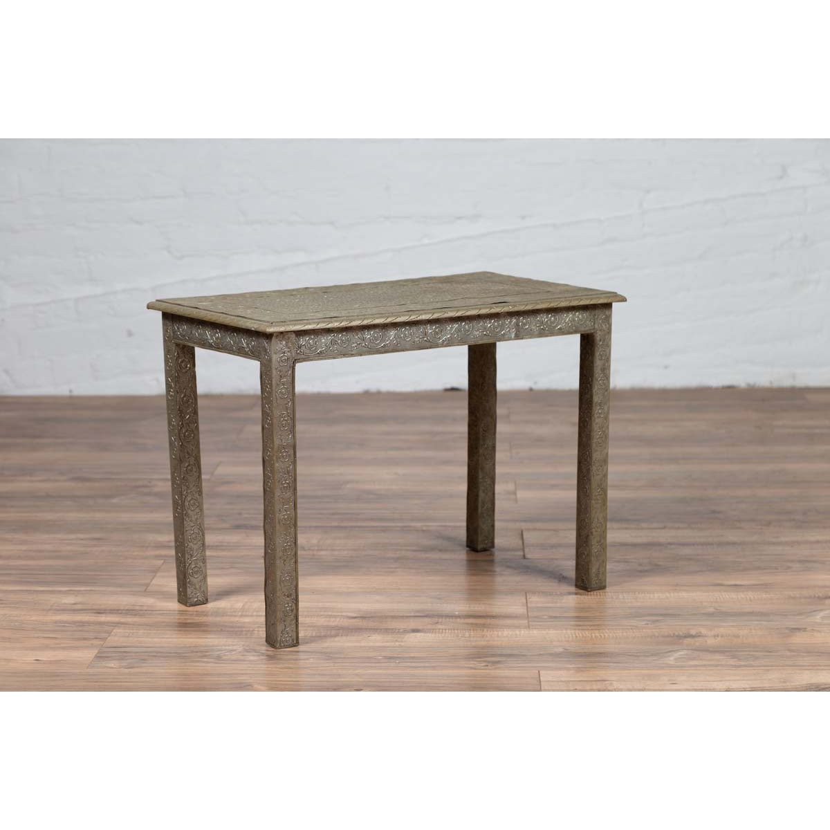 Indian Vintage Hand-Tooled Sheet Metal Coffee Table with Silver Overlay-2. Asian & Chinese Furniture, Art, Antiques, Vintage Home Décor for sale at FEA Home