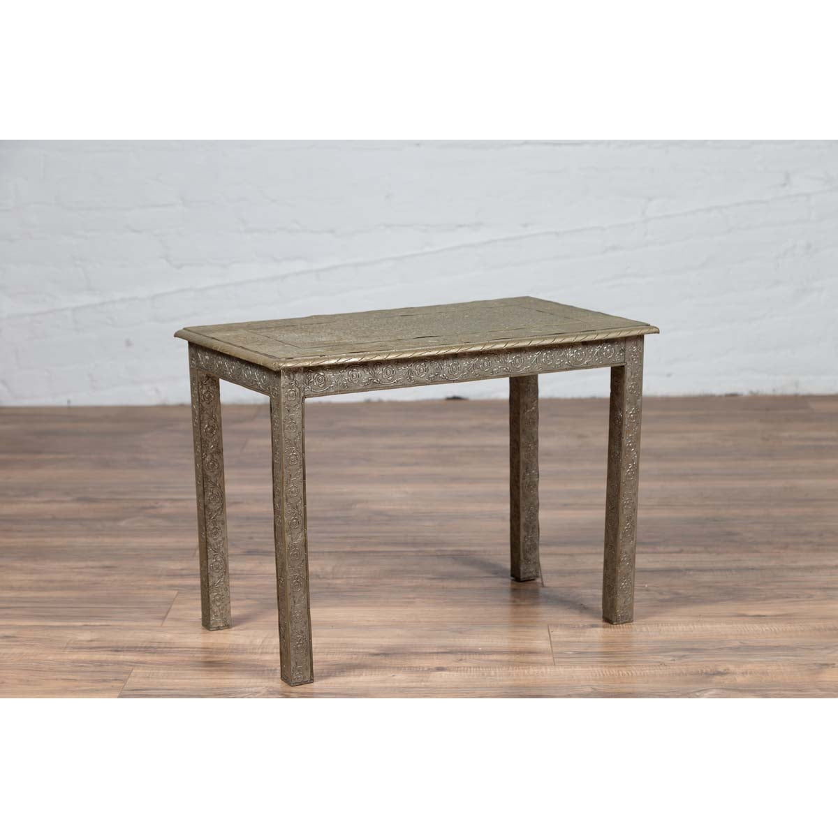 Indian Vintage Hand-Tooled Sheet Metal Coffee Table with Silver Overlay-11. Asian &amp; Chinese Furniture, Art, Antiques, Vintage Home Décor for sale at FEA Home
