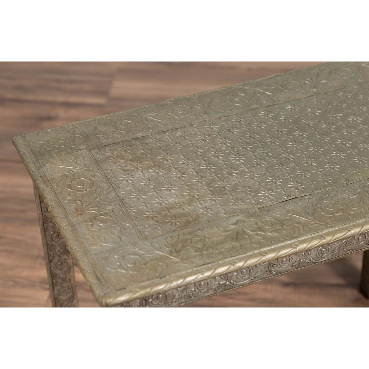 Indian Vintage Hand-Tooled Sheet Metal Coffee Table with Silver Overlay-7. Asian &amp; Chinese Furniture, Art, Antiques, Vintage Home Décor for sale at FEA Home