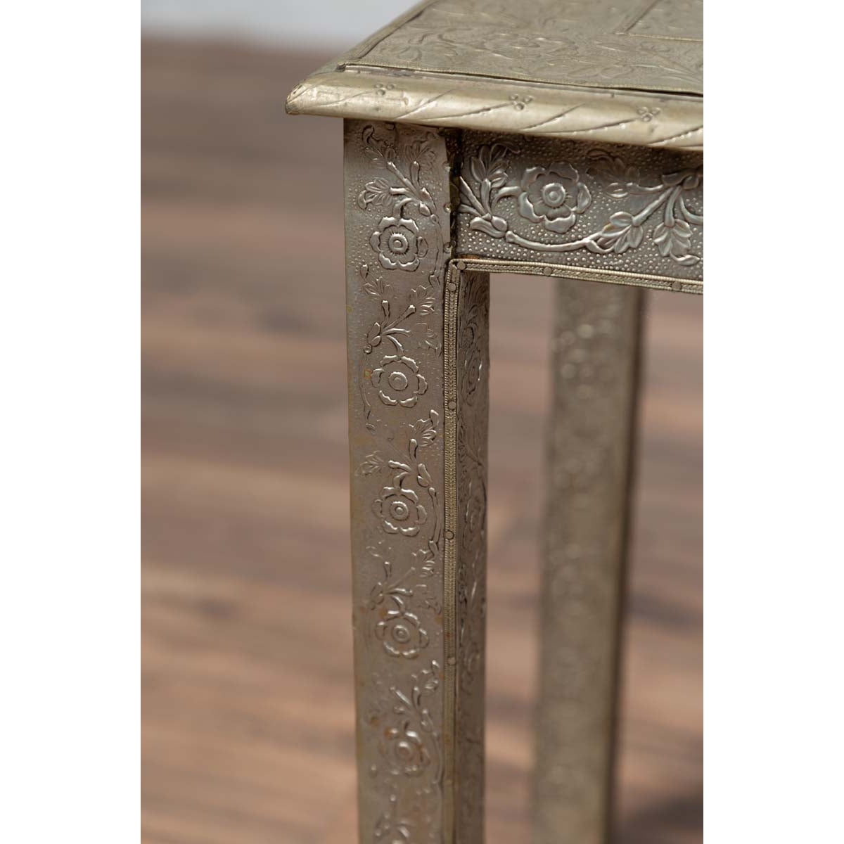 Indian Vintage Hand-Tooled Sheet Metal Coffee Table with Silver Overlay-5. Asian &amp; Chinese Furniture, Art, Antiques, Vintage Home Décor for sale at FEA Home