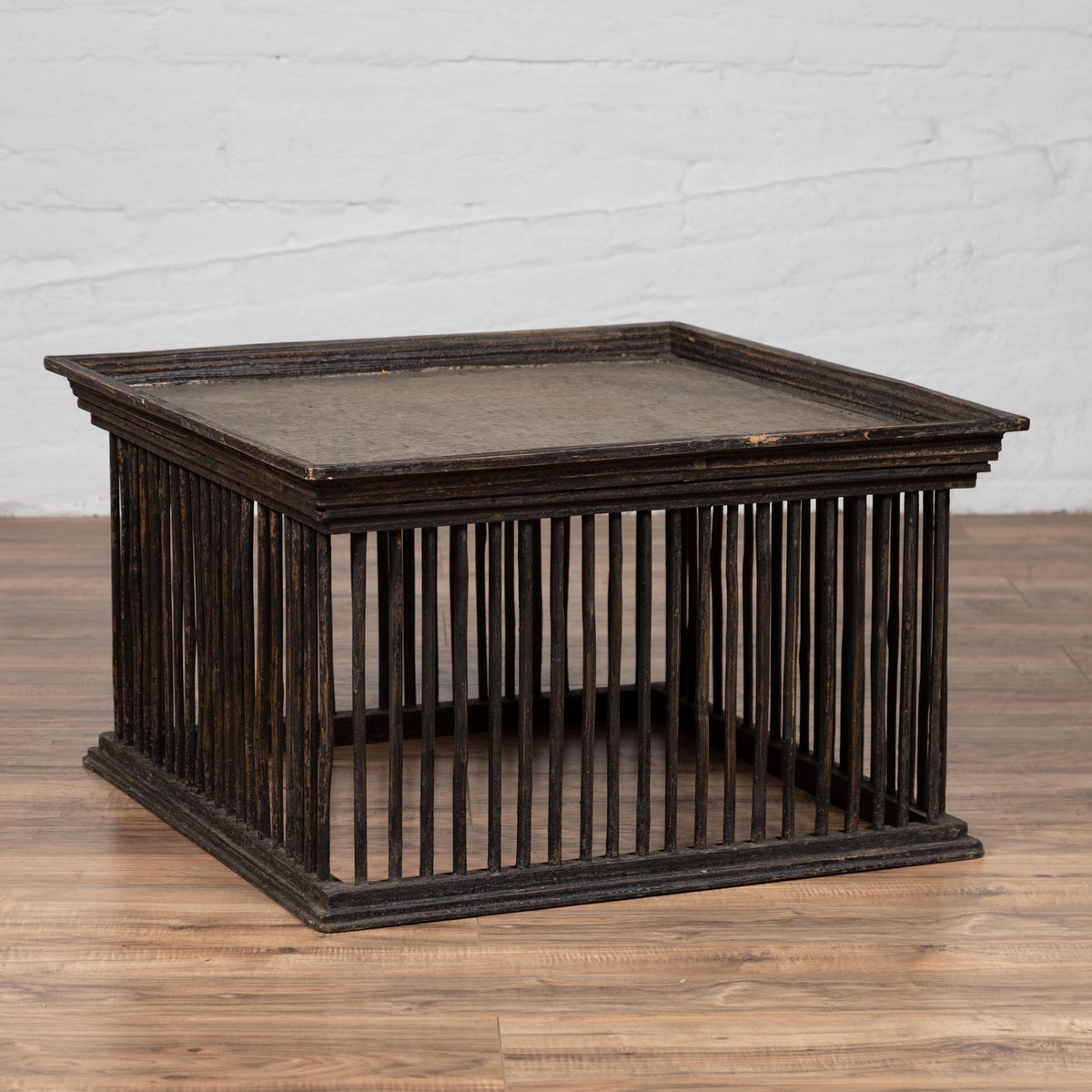 Vintage Thai Square Rattan Coffee Table with Silver Leaf Top and Spindle Design-2. Asian & Chinese Furniture, Art, Antiques, Vintage Home Décor for sale at FEA Home