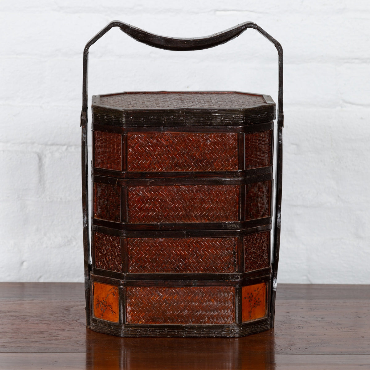 Small Burmese Vintage Stacking Picnic Basket with Lacquered Accents and Handle-2. Asian & Chinese Furniture, Art, Antiques, Vintage Home Décor for sale at FEA Home