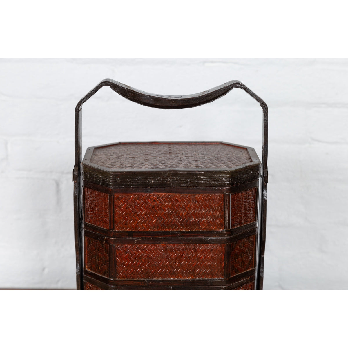 Small Burmese Vintage Stacking Picnic Basket with Lacquered Accents and Handle-5. Asian &amp; Chinese Furniture, Art, Antiques, Vintage Home Décor for sale at FEA Home