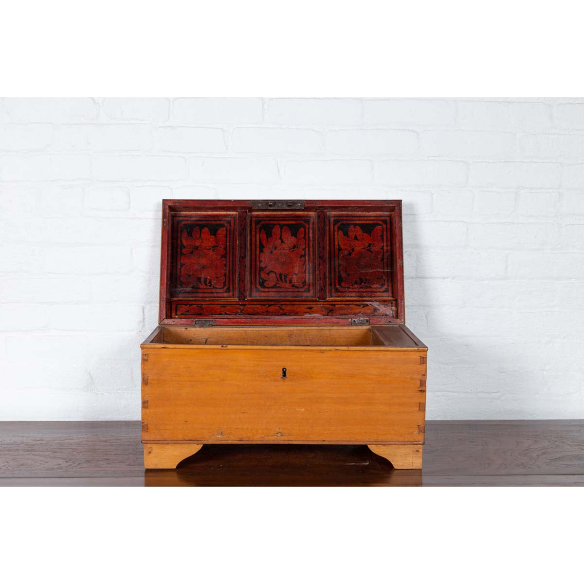 Antique Indonesian Wooden Blanket Chest with Inner Red and Black Lacquered Decor-4. Asian &amp; Chinese Furniture, Art, Antiques, Vintage Home Décor for sale at FEA Home