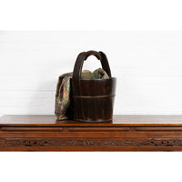 19th Century Southern Chinese Wooden Bucket with Large Handle and Metal Accents