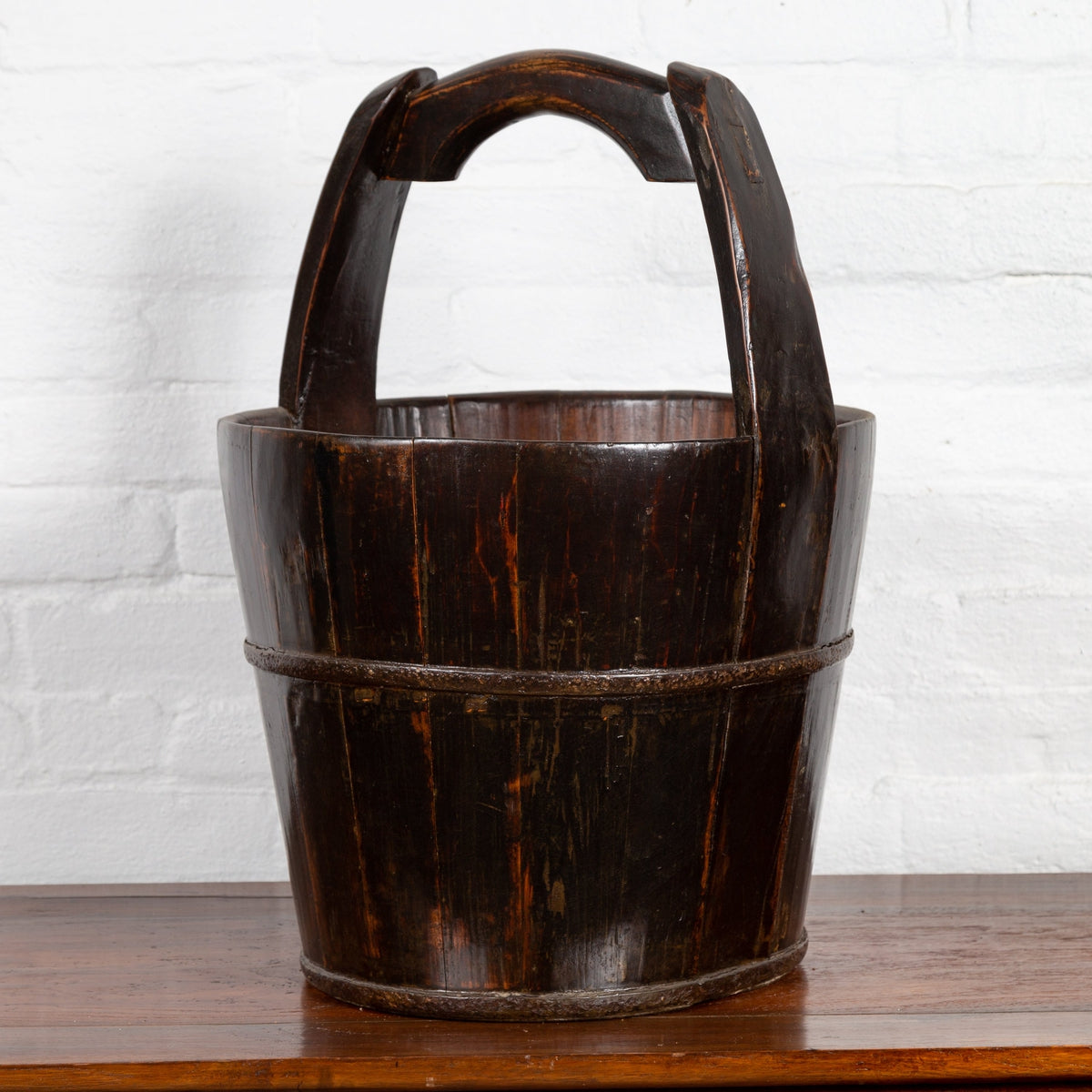 19th Century Southern Chinese Wooden Bucket with Large Handle and Metal Accents-2. Asian & Chinese Furniture, Art, Antiques, Vintage Home Décor for sale at FEA Home