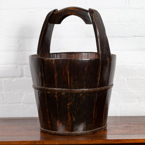 19th Century Southern Chinese Wooden Bucket with Large Handle and Metal Accents-YN6353-2. Asian & Chinese Furniture, Art, Antiques, Vintage Home Décor for sale at FEA Home