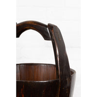 19th Century Southern Chinese Wooden Bucket with Large Handle and Metal Accents