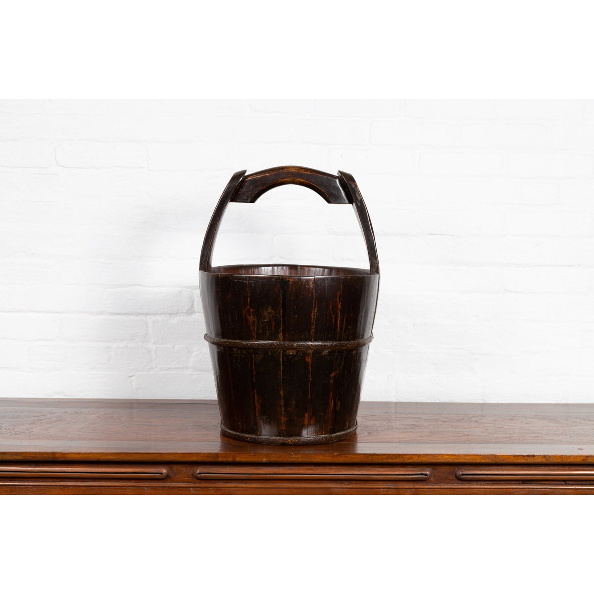 19th Century Southern Chinese Wooden Bucket with Large Handle and Metal Accents-9. Asian &amp; Chinese Furniture, Art, Antiques, Vintage Home Décor for sale at FEA Home